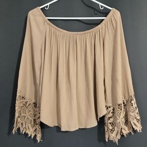 Flowy Off-The-Shoulder Lace Trimmed Sleeve Top